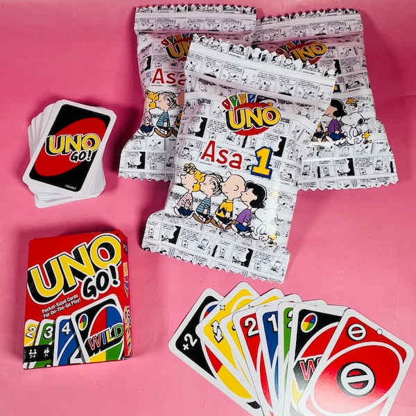 Mini UNO Cards Personalized | Custom Party Favors | Snoopy Theme | Kids Birthday Favor | Custom Name & Age | Chip Bag Style Packaging