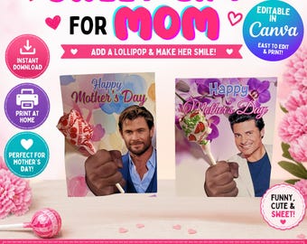 Funny Mother's Day Candy Card Printable, Lollipop Holder for Mom, Sweet Gift Idea, Editable Canva Template, Instant Download