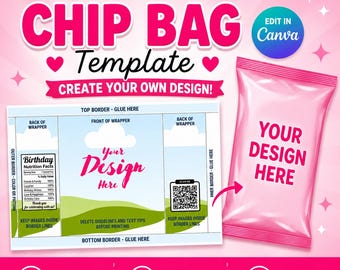Blank Chip Bag Template Canva Editable, DIY Custom Chip Bag Wrapper, Party Favor Template, Instant Download, Small Business Template