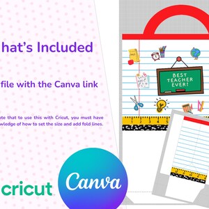 May include: A digital design for teachers, featuring a school-themed illustration with a chalkboard that reads "Best Teacher Ever!" and school supplies. Includes a file with a Canva link.