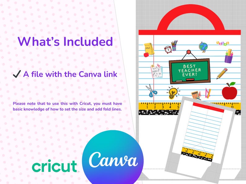 May include: A digital design for teachers, featuring a school-themed illustration with a chalkboard that reads "Best Teacher Ever!" and school supplies. Includes a file with a Canva link.