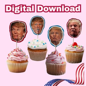 Puede incluir: Gráfico de descarga digital con cupcakes y recortes de caras. Los cupcakes tienen glaseado rosa, blanco y morado, y están decorados con chispas y una cereza. Los recortes de caras son de un expresidente.