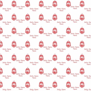 May include: A white background with a repeating pattern of red Delta Sigma Theta sorority crests. The crests feature a shield with a Greek letter design and the words "Delta Sigma Theta" and "Theta" written in white.