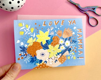 Love Ya Mamma! -  Mothers Day Greeting Card 14.8cm x 10.5cm (5.8" x 4.1") with pink FSC envelope featuring original artwork. Blank Inside