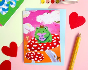 Gizza Snog Frog! Valentines Gold Foiled Card with pale blue FSC envelope. Blank Inside