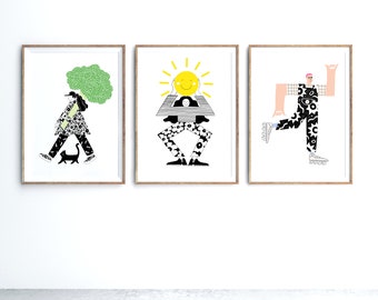 Happy Art - Set of 3 Illustrated Characters - Giclee Print for Kids Room Nursery Living Room