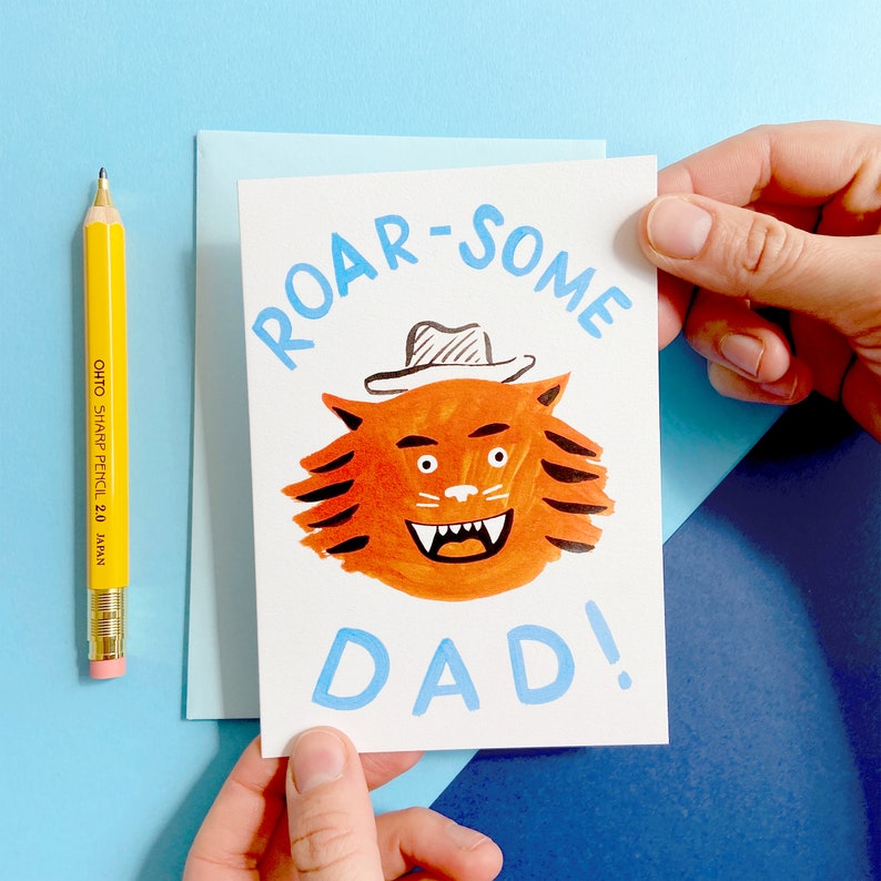 Roarsome Dad Fathers Day or Birthday Tiger Card with pale blue envelope featuring my original artwork. Blank Inside image 3