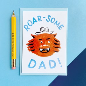 Roarsome Dad Fathers Day or Birthday Tiger Card with pale blue envelope featuring my original artwork. Blank Inside image 1