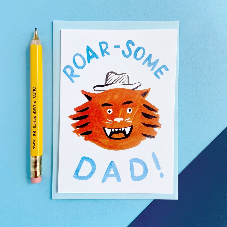 Roarsome Dad Fathers Day or Birthday Tiger Card with pale blue envelope featuring my original artwork. Blank Inside image 1