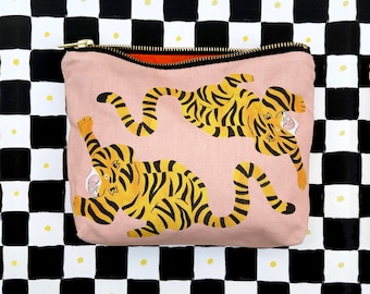 Tiger Make Up Bag/Wash Bag with orange check lining
