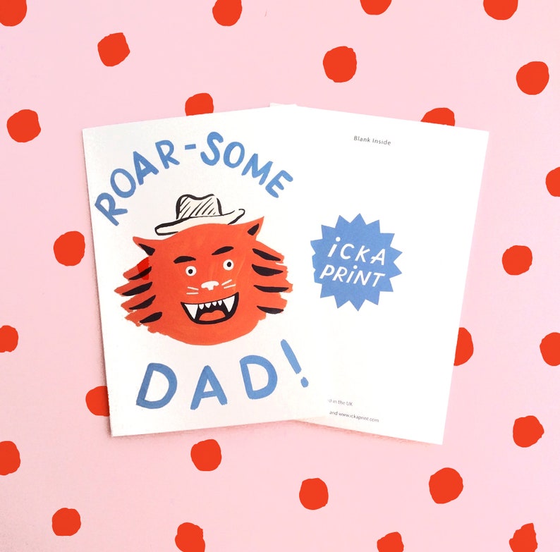 Roarsome Dad Fathers Day or Birthday Tiger Card with pale blue envelope featuring my original artwork. Blank Inside image 5