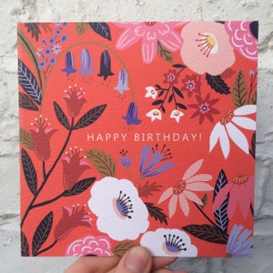 Square Multi Floral Happy Birthday Greeting Card 15cm x 15cm 5.9 x 5.9 with envelope featuring original artwork. Blank Inside image 2