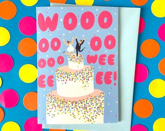 Woowee Wedding Card! For Weddings and Engagements A6 - 14.8cm x 10.5cm with pale blue envelope. Blank Inside