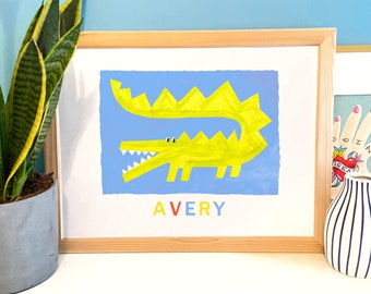 Personalised Alligator Crocodile Print for Kids Room - Illustration Print from original painting