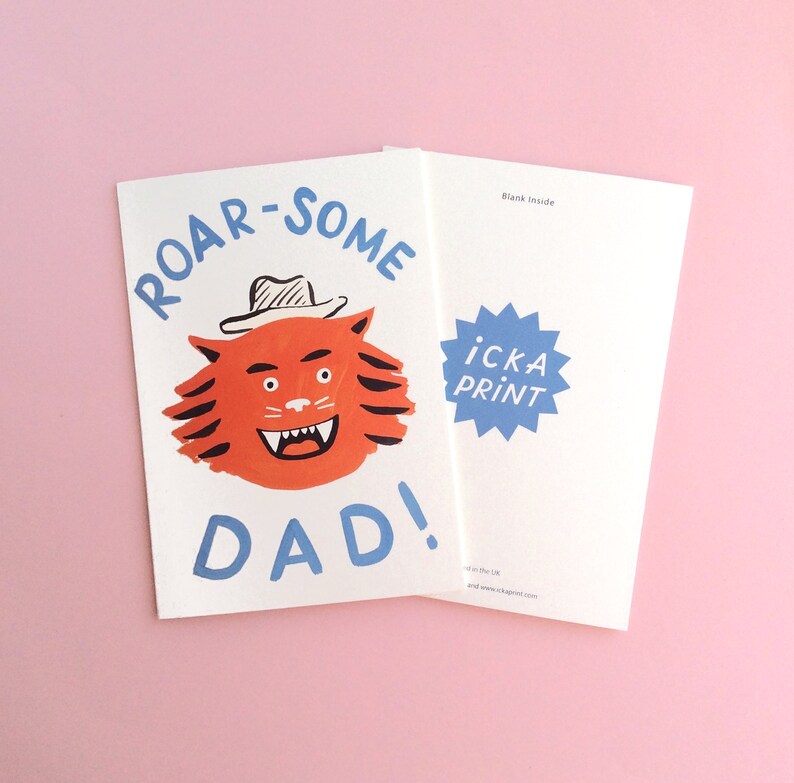 Roarsome Dad Fathers Day or Birthday Tiger Card with pale blue envelope featuring my original artwork. Blank Inside image 4