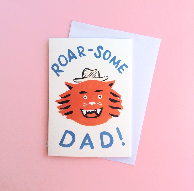 Roarsome Dad Fathers Day or Birthday Tiger Card with pale blue envelope featuring my original artwork. Blank Inside image 2