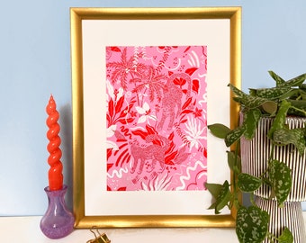 Pink Jungle Print - Red and Pink Leopard Giclee Art Print