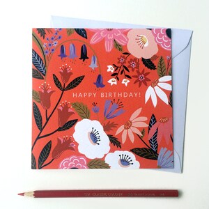 Square Multi Floral Happy Birthday Greeting Card 15cm x 15cm 5.9 x 5.9 with envelope featuring original artwork. Blank Inside image 1