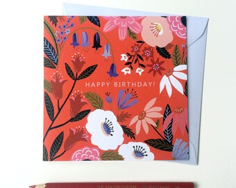 Square Multi Floral Happy Birthday Greeting Card 15cm x 15cm (5.9" x 5.9") with envelope featuring original artwork. Blank Inside