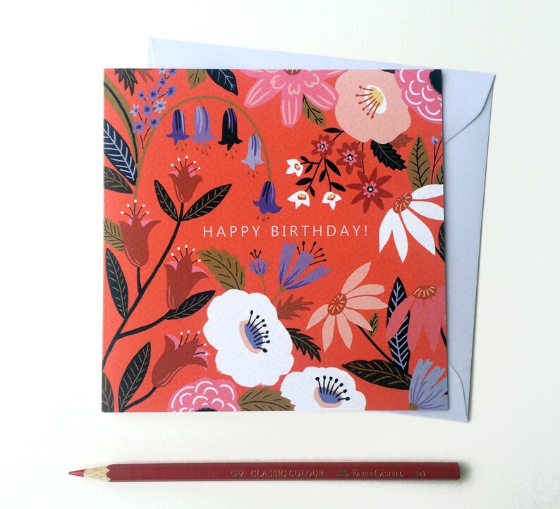 Square Multi Floral Happy Birthday Greeting Card 15cm x 15cm 5.9 x 5.9 with envelope featuring original artwork. Blank Inside image 1