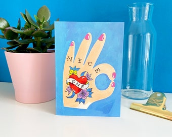 Thank you Card 'Nice  One' Hand Tattoo A6 14.8cm x 10.5cm with coloured recycled envelope. Blank Inside