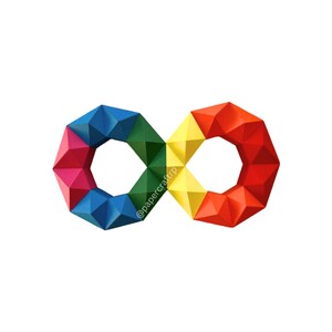May include: A colorful papercraft infinity symbol made of folded paper. The symbol is made of six sections, each a different color: red, orange, yellow, green, blue, and purple. The symbol is on a white background. @papercraft.rp