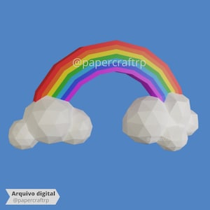 May include: A rainbow made of paper with a 3D design, with two white clouds on either side. The rainbow is made of red, orange, yellow, green, blue, indigo, and violet paper. The clouds are made of white paper. The text "@papercrafttrp" is written on the rainbow.