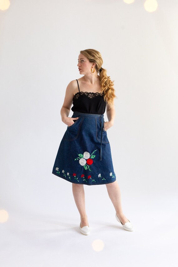 Vintage 1970s embroidered denim wrap skirt