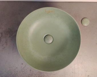Lavabo redondo de hormigón | Lavabo de sobreponer para baño | Lavabo de hormigón | Lavabo de encimera hecho a mano | Lavabo de tocador de 39 cm | Pistacho V_3A
