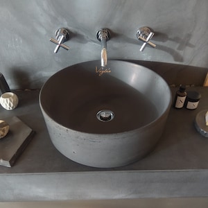 Bathroom vanity top sink | Made of concrete washbasin | Counter top basin | Round shape, anthracite colour vessel sink | Top-mounted basin