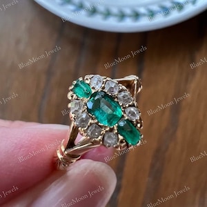 14k Gold Deco Emerald Ring: Vintage Style CZ Cluster Ring