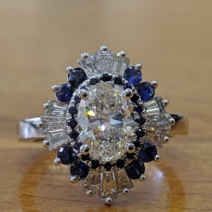 Oval Moissanite Engagement Ring: Blue Sapphire Halo, Sterling Silver