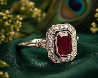 Anillo de compromiso con rubí talla esmeralda, anillo de boda con halo estilo art déco, anillo vintage con gema roja, anillo de promesa de estilo antiguo para mujer, regalo para esposa.