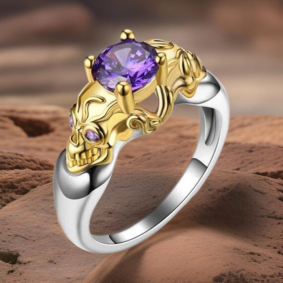 Gothic Dragon Skull Ring With Purple Amethyst Crystal, Two Tone