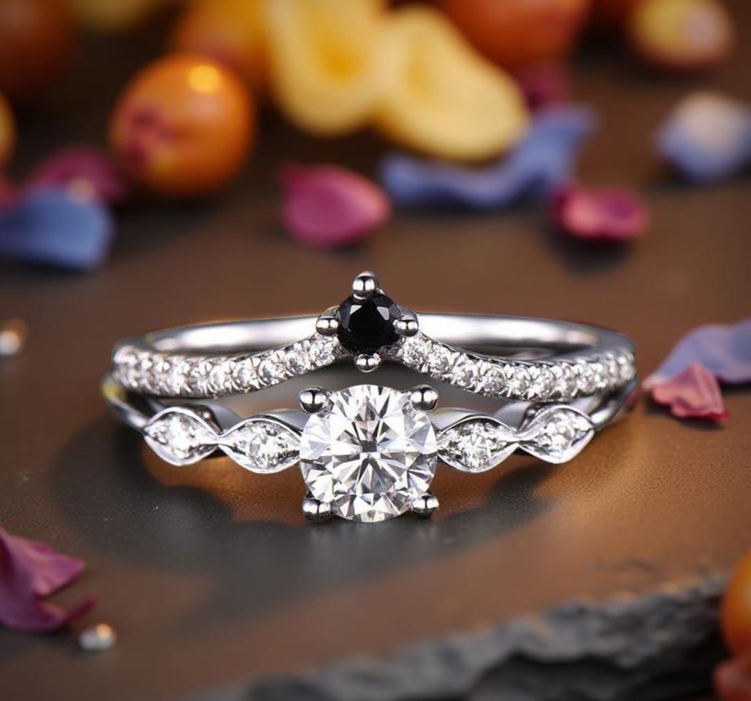 Celestial Moissanite Engagement Ring, Black Onyx Accent Curved Band ...