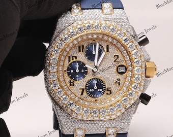 Zegarek męski na zamówienie Iced Out, dwukolorowy chronograf z moissanitu, luksusowy zegarek z niebieskim paskiem gumowym, w pełni zdobiony biustem