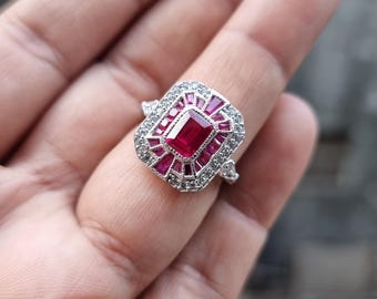 Art Deco Ruby Ring, Emerald Cut Red Ruby Engagement Ring, Vintage Style Sterling Silver Halo Ring, Baguette Ruby Statement Ring for Her