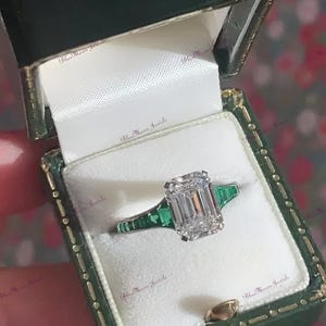 Art Deco Style Emerald Cut Moissanite With Green Emerald Engagement Ring In Solid 925 Sterling Silver| Gift For Women