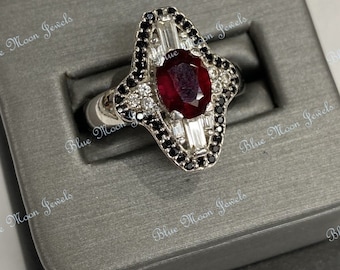 Art Deco Ruby Cocktail Ring, Silver Ruby Statement Ring, Black Diamond Halo & Baguette Accent, Shield Shape Vintage Style Ring for Her