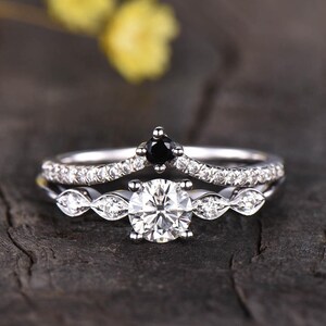 Art Deco CZ Diamond Engagement Ring Set: Sterling Silver Black Diamond Wedding Band