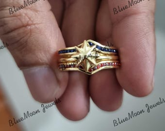 マーベル X ロック ラブ マーベル スタジオ キャプテン マーベル クリスタル スター スタッカー リング | 14K ゴールド レディース リング