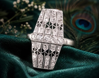 Art Deco Ring Vintage Moissanite Filigree Shield Ring Long Geometric Statement Ring Anniversary Gift Antique Style Cocktail Ring