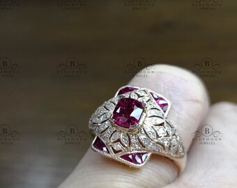 14k White Gold Cushion Cut Ruby With CZ Diamond -Vintage Antique Art Deco Style Engagement Ring| Diamond Ring| Promise Ring