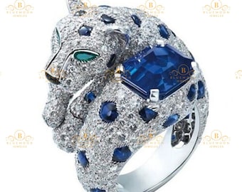 Panther Ring/Cushion Cut Sapphire Panther Ring/Handmade Jewelry/Men&#39;s Engagement Wedding Gift Ring/Adjustable Bypass Ring