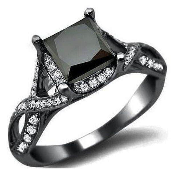 Black Princess-Cut Onyx With White Round Cut CZ Diamond Engagement/wedding Ring| Promise Ring| Anniversary Gift| Valentine gift