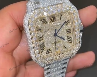 Benutzerdefinierte Moissanite Uhr, VVS1 Clarity Bust Down Uhr, quadratische Luxusuhr, zweifarbiges Zifferblatt mit römischen Ziffern, besteht Diamanttester