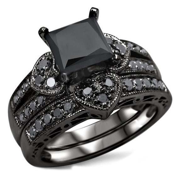 Three Heart Black Princess-cut Onyx With CZ Diamond