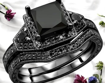 Black Onyx With CZ Diamond Engagement/Wedding Ring Set| Bridal Set| Anniversary Gift| Women Wedding Ring| Promise Ring