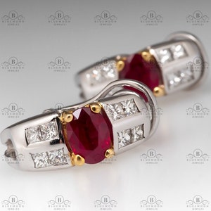 ヴィンテージスタイルのルビーダイヤモンドイヤリング、オーバルカットの赤い宝石フープ、アールデコジュエリー、ツートンカラーのステートメントイヤリング、彼女への記念日の贈り物