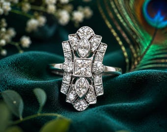 Art Deco Moissanite Engagement Ring, Vintage Geometric Cocktail Ring for Women, Antique Style Statement Ring, Unique Anniversary Gift